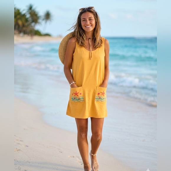 Vintage Other - Vintage Summer Oasis Sunset Yellow Sleeveless Beach Dress with Embroidery Sz M
